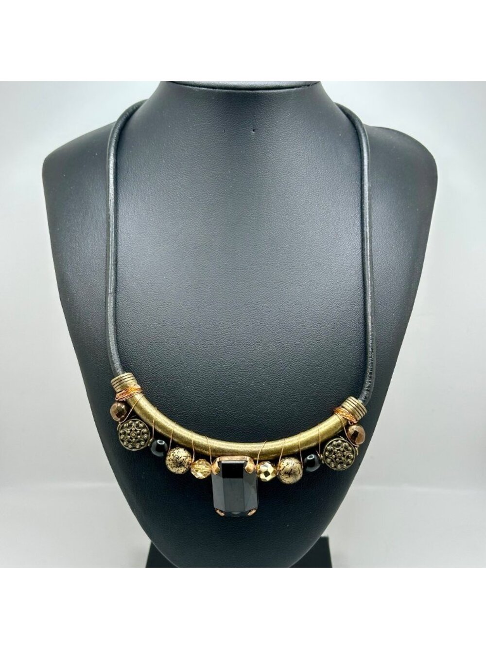 Chico's Necklace Jewelry Statement 22" Vintage Brass Tone Black Stone Corded